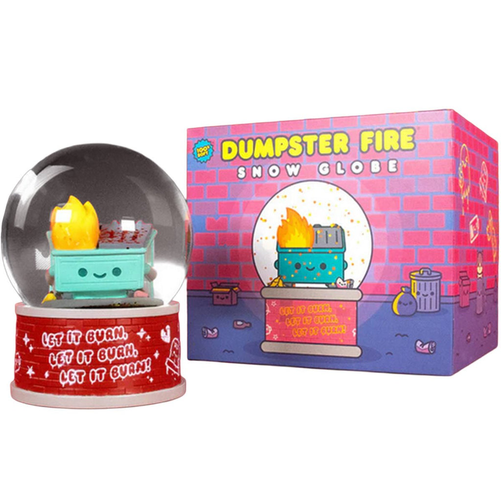 The 100% Soft Dumpster Fire Snow Globe features a smiling dumpster engulfed in glitter flames, displayed in a colorful box—making it perfect quirky desk decor or a fun holiday gift.