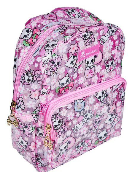 From the spring collection, the tokidoki Cherry Blossom Cats Clear Backpack features an all-over print of cartoon cats and flowers, gold zipper pulls, and a front zippered pocket.