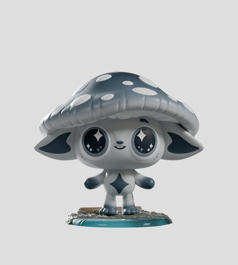 A stylized figurine with big eyes, a mushroom cap hat, and animal-like ears from the Kaleidos Creative Capkins — Series 2 Blind Box stands on a decorative base against a plain background.