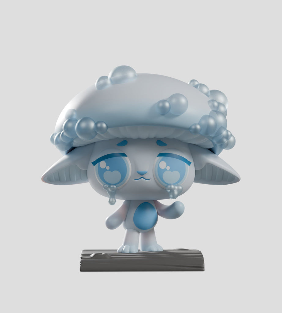 From Kaleidos Creative, the Capkins — Series 2 Blind Box features a blue and white figure with a bubble-covered, mushroom-like head inspired by Fungi Forest, standing on a platform with big teary eyes and a sad expression.
