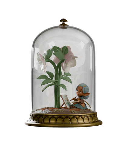 The Cloche Fairies β Hellie by Kaleidos Creative features a small hellebore fairy with a paintbrush at an easel, painting a large flower, all enclosed under a decorative glass cloche with a brass base.