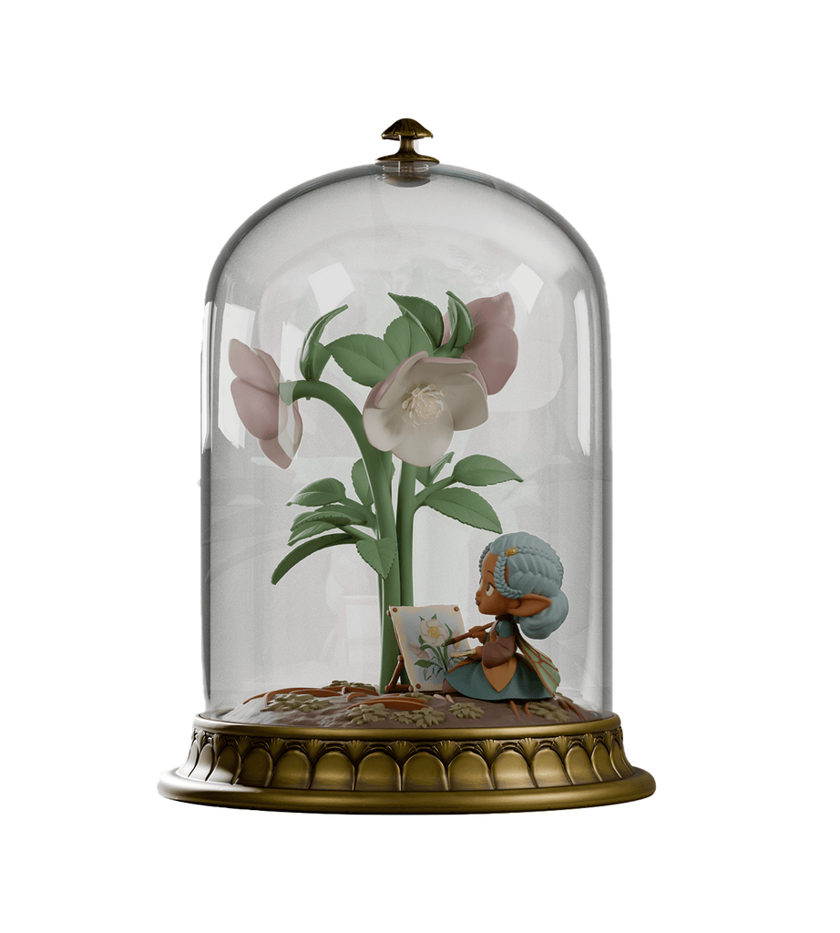 The Cloche Fairies — Hellie by Kaleidos Creative features a small hellebore fairy painting a large white flower inside a glass cloche lantern with a decorative brass base.