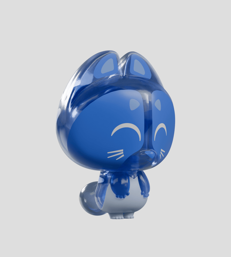 A glossy blue cartoon cat figurine with closed eyes and a smile stands upright on a light gray background—part of the Creative Dump Blind Box by Kaleidos Creative.