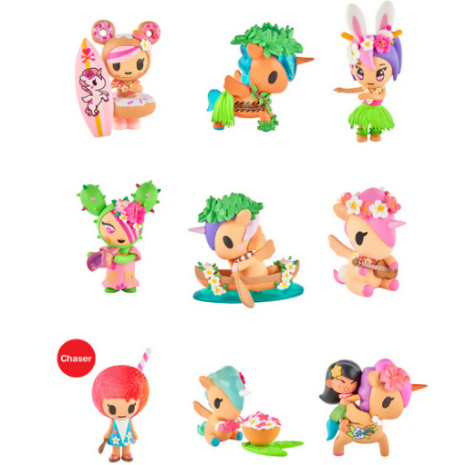 Nine vibrant vinyl figurines from tokidoki’s Hawaiian Ohana Blind Box, featuring animals and kids in island-inspired costumes, are displayed in a 3x3 grid—ideal for fans of tokidoki and tropical-themed collectibles.