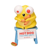 A yellow cartoon creature with big eyes sits on a blue stool labeled