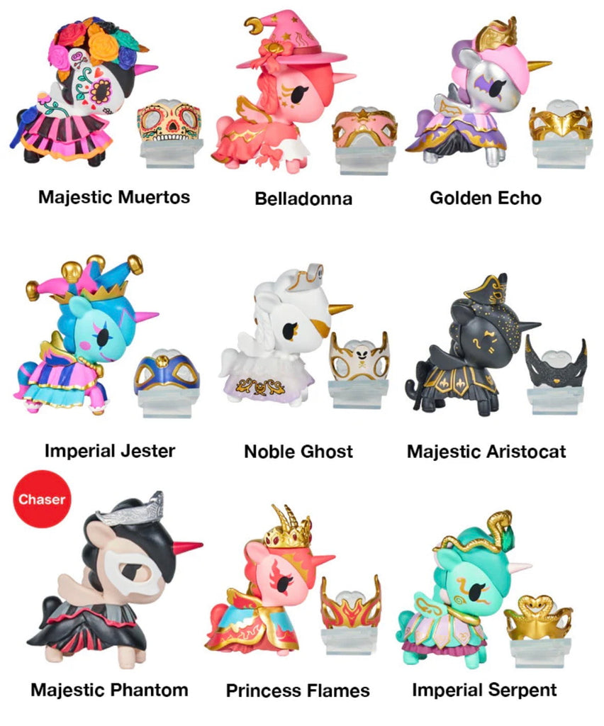 The tokidoki Unicorno After Dark Masquerade Blind Box features ten unique collectible figures, each dressed in festive costumes with matching accessories and labels, perfect for fans of magical and fantastical designs.