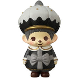 The VAG 45 — Monchhichi Happy Gift Box by Medicom features a small Japanese vinyl toy with round cheeks, a big white and black hat, grey outfit with a bow, and brown shoes, standing and smiling.