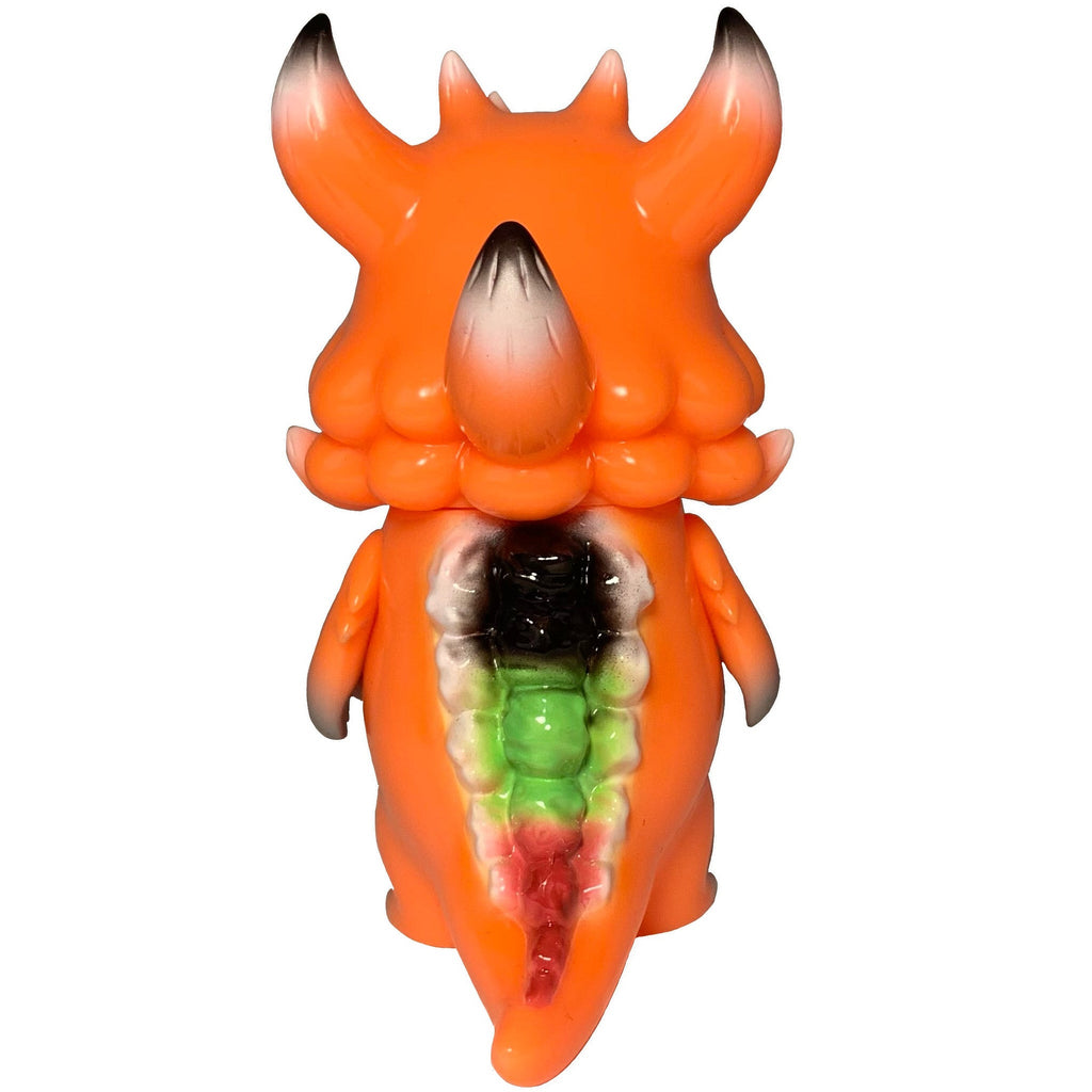 The Little Hut's Rangeas Jr. - Orange is an orange, horned monster figurine with a multicolored exposed spine and back, standing upright and facing away—a must-have collectible for any fan.