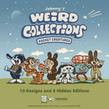 Six cartoon creatures stand in a row under a sign reading