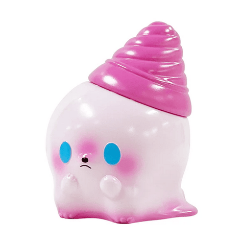 Kaiju Icey - Strawberry by Seri Norica is a small, glossy white ghost figure with blue eyes, pink cheeks, and a pink strawberry ice cream cone hat, sitting with its hands in front.