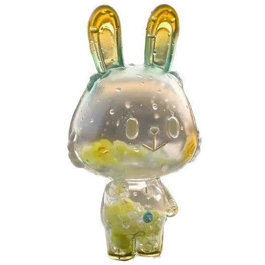A transparent bunny-shaped figurine called Lemon Soda Robin by A Good Company, with yellow and green accents and bubble details inside—an eye-catching ornament or unique home decor piece.