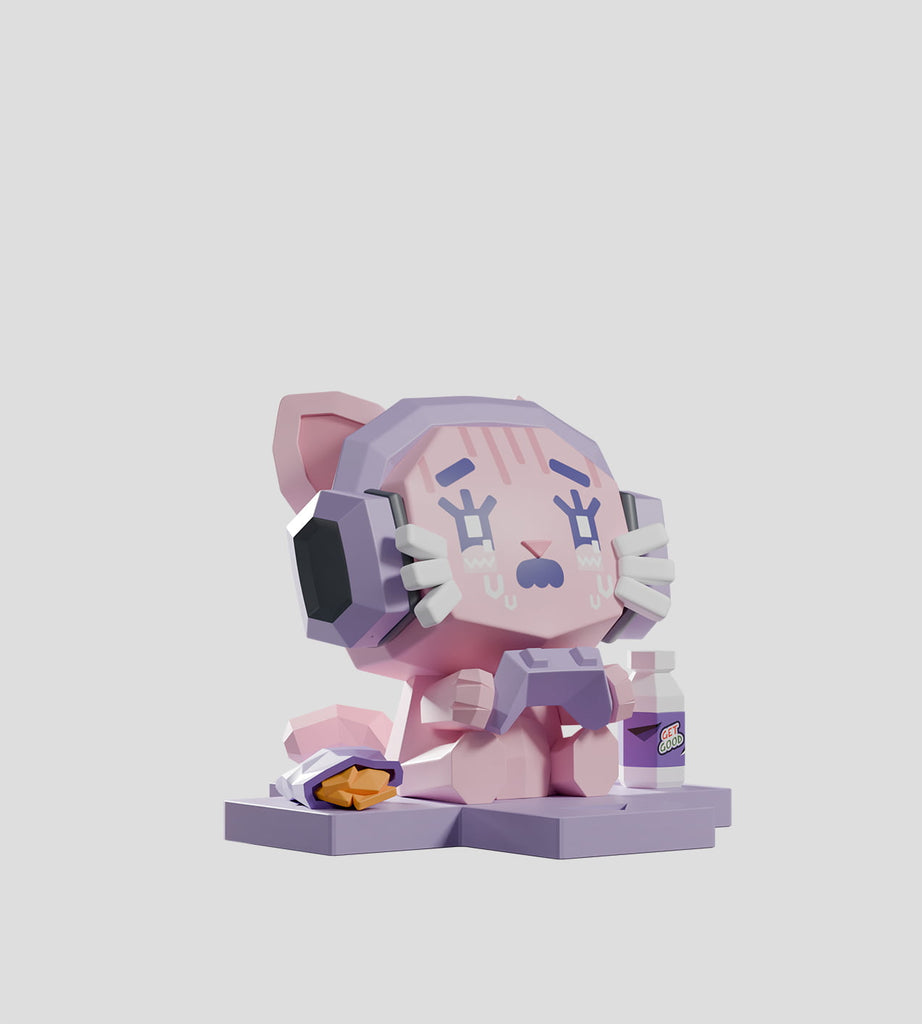 The Mega-Mini Arcade Blind Box by Kaleidos Creative features a polygonal pink cat figurine with headphones, snack, drink, and sad expression on a lilac base—a unique collectible perfect for gamer figure fans or any rare blind box collection.
