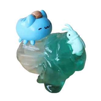 A blue Bugcat Capoo figurine with a brown spot and green bug sits on a translucent green and clear resin base. From the Bugcat Capoo — National Palace Museum Adventure Blind Box by Partner Toys.
