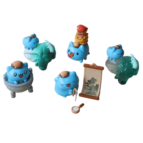 Five small blue Bugcat Capoo figurines interact with green objects like a painting scroll, cauldron, and sculptures—each inspired by the Partner Toys Bugcat Capoo — National Palace Museum Adventure Blind Box collection.