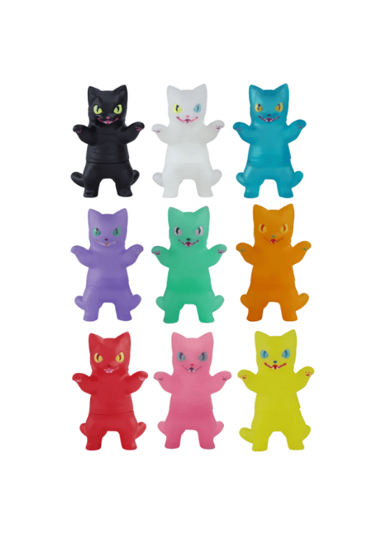 Negora Color Palette by Konatsuya features nine vibrant kitty kaiju figurines in black, white, blue, purple, green, orange, red, pink, and yellow—perfect for any collectible kaiju fan.