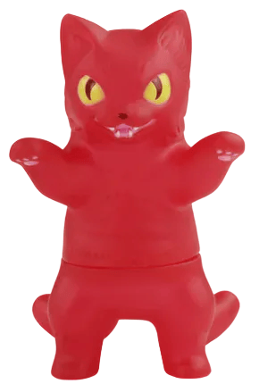 The Konatsuya Negora Color Palette is a red kitty kaiju figurine with yellow eyes, upright ears, raised arms, and an open mouth, standing on its hind legs—a must-have collectible for kaiju fans!.