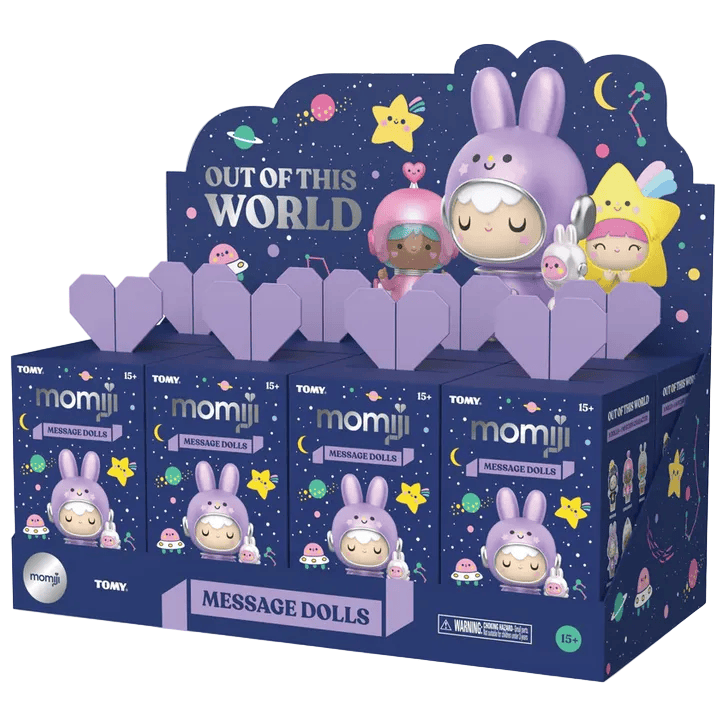 The Momiji Out of This World Message Dolls Blind Box by Momiji features space-themed collectible dolls in purple and blue packaging, each with stars, planets, and intergalactic charm.