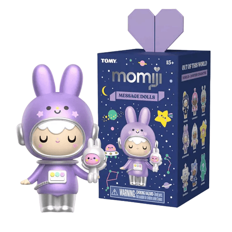 The Momiji Out of This World Message Dolls Blind Box features a purple, space-themed doll with bunny ears displayed next to its decorative box decorated with cosmic motifs and collectible doll illustrations.