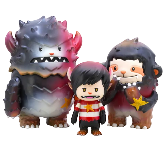 The Little Hut’s Lucas-Starbeast Adventure set includes three stylized vinyl figures: a large spiky monster, a small star-armed creature, and a horned child in a red striped shirt, posed together in striking silhouette.