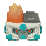 The Mecha Dumpster Fire DF-79 by 100% Soft is a toy robot box with orange flames, blue-gray details, and a