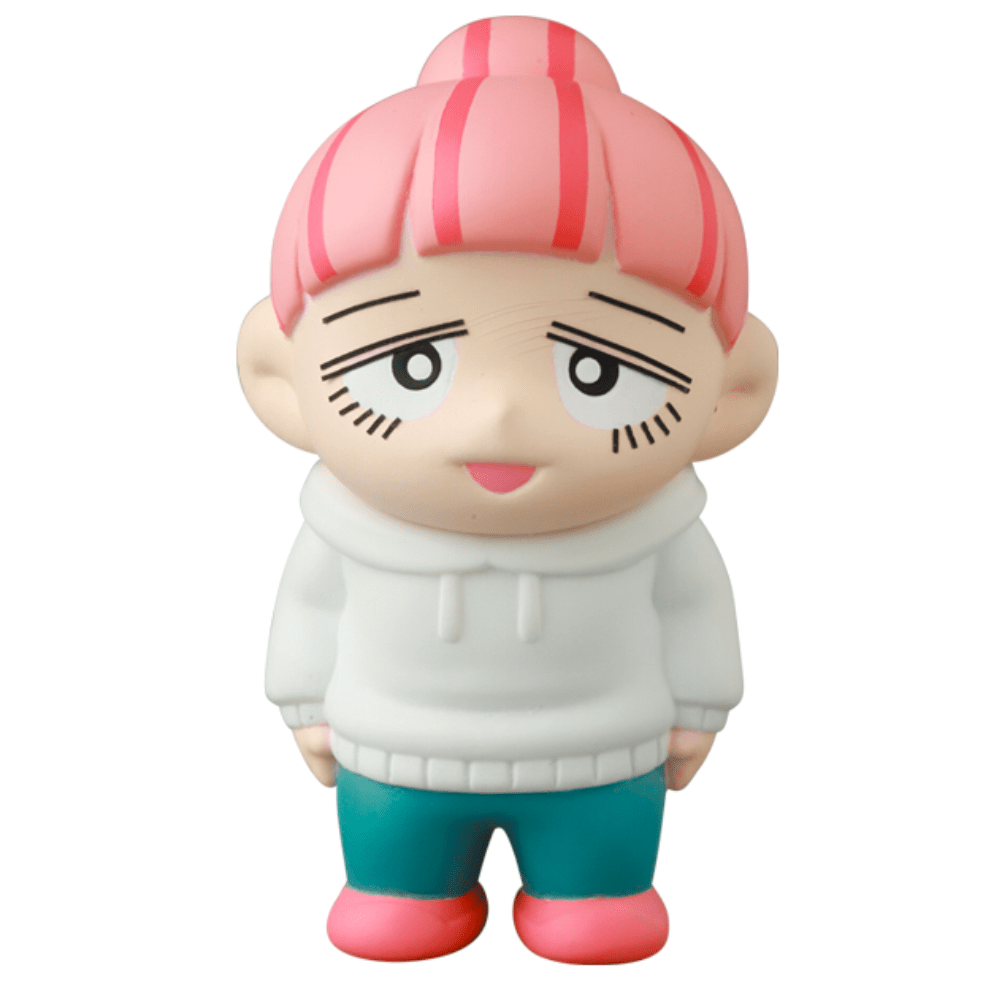 The Vag 35 - Inu No Kagayaki desk figurine by Medicom features a cartoon-style character with pink hair in a bun, white hoodie, teal pants, and pink shoes—an ideal quirky office gift or playful desk decor.