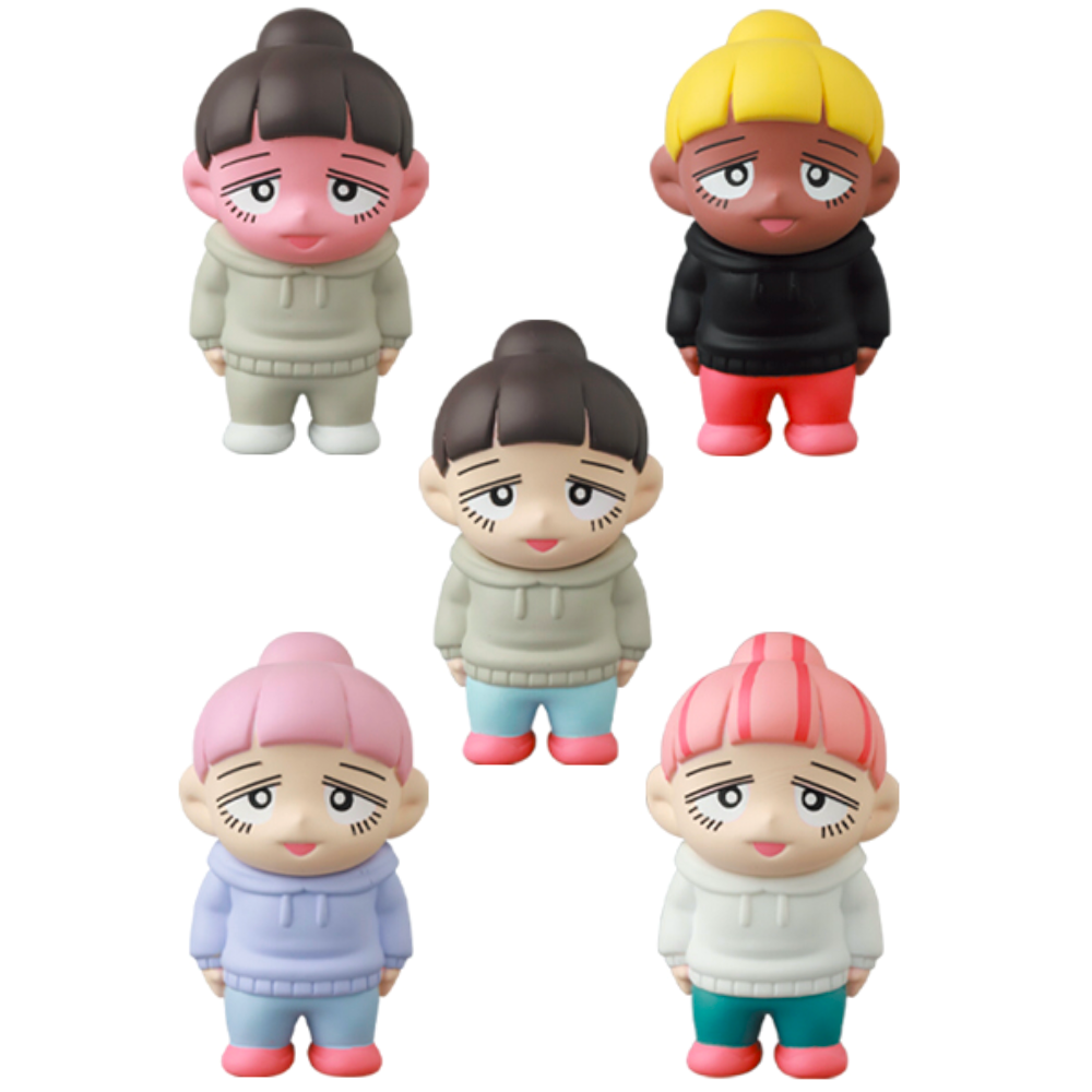 Five Vag 35 - Inu No Kagayaki figurines by Medicom, each with cartoon faces and hoodies in assorted colors, are arranged on a white background—a quirky office gift or desk decor for any workspace.