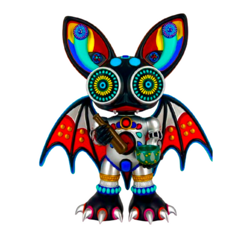 The Kaleidobat 8" Vinyl Figure by Mindsponge Toy features a vibrant, winged design with large rainbow ears, circular facial patterns, and holds a bottle and cupβan enchanting collectible for playful imaginations.