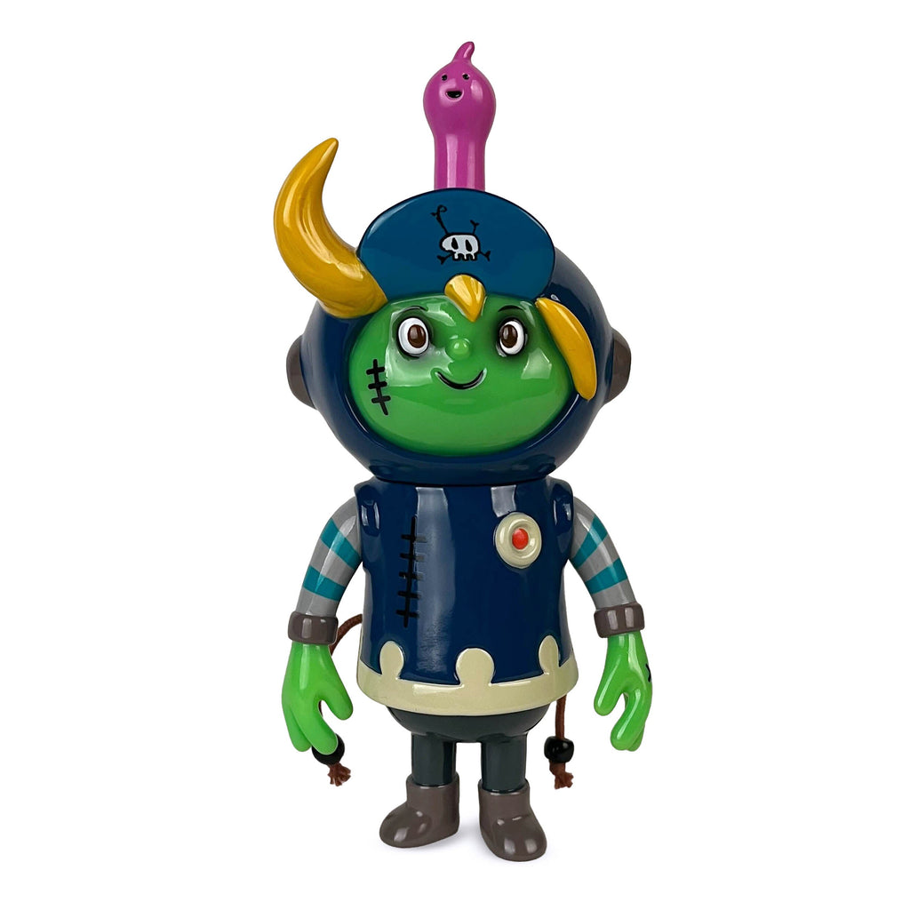 Hero P-Man — Zombie by How2Work: a vibrant toy with green skin, blue helmet adorned with a yellow horn and skull, striped sleeves, and a pink creature perched on its head.