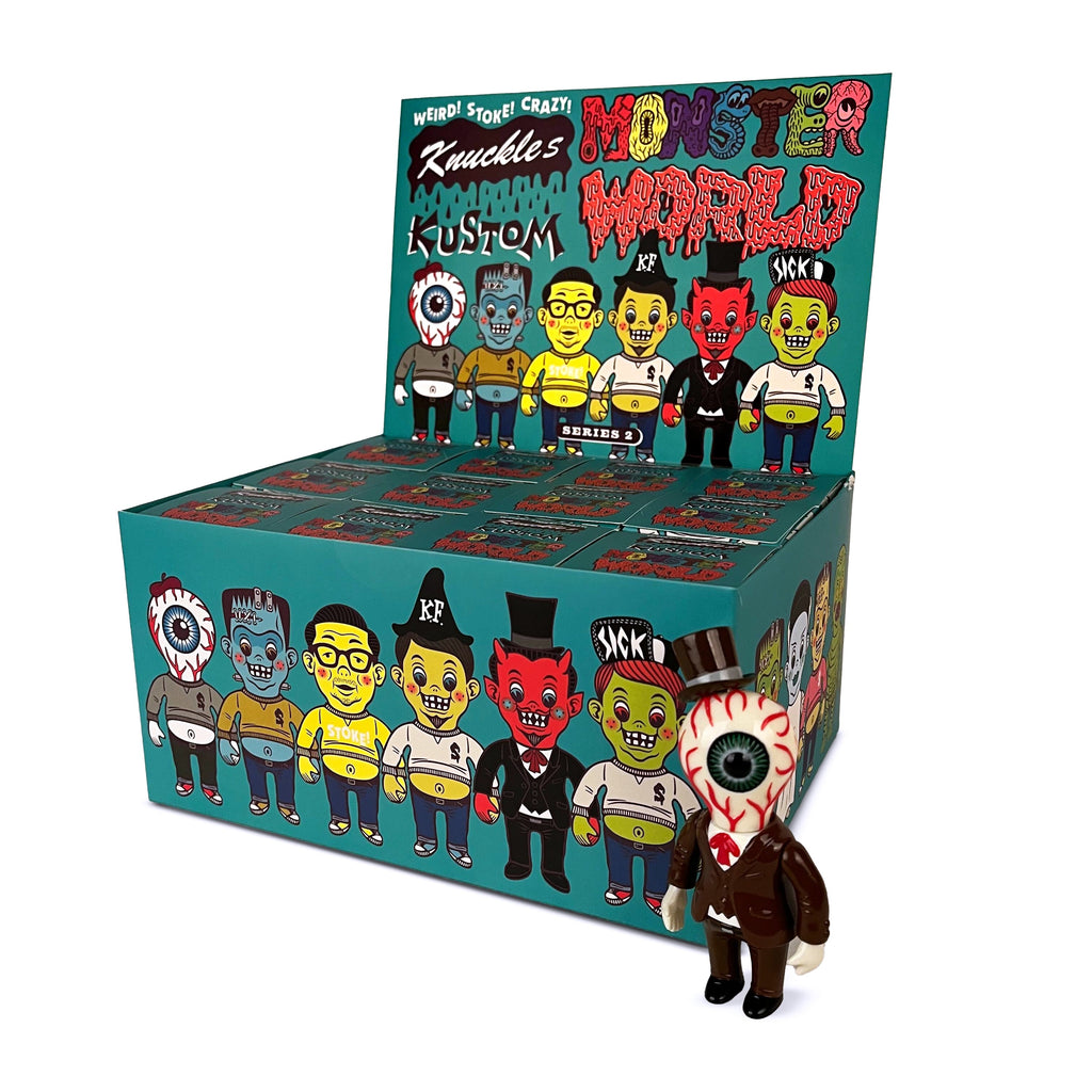 A How2Work Knuckle’s Kustom Monster World — Series 2 Blind Box display box showcases vibrant, cartoon-style collectible figures with interchangeable parts, including a cyclops in a suit and top hat up front.