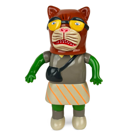 Koara Obasan — S2V3 - Puma by Paradise Toy: a vibrant figure with a brown cat mask, yellow glasses, green arms, gray top, striped skirt, and a small black bag.