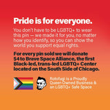 Promotional graphic for the Rotofugi Abe Progress Pride Hard Enamel Pin, featuring the Progress Pride flag. $4 per sale goes to Brave Space Alliance to support LGBTQ+ Centers and help create safe spaces. Brand: Rotofugi.