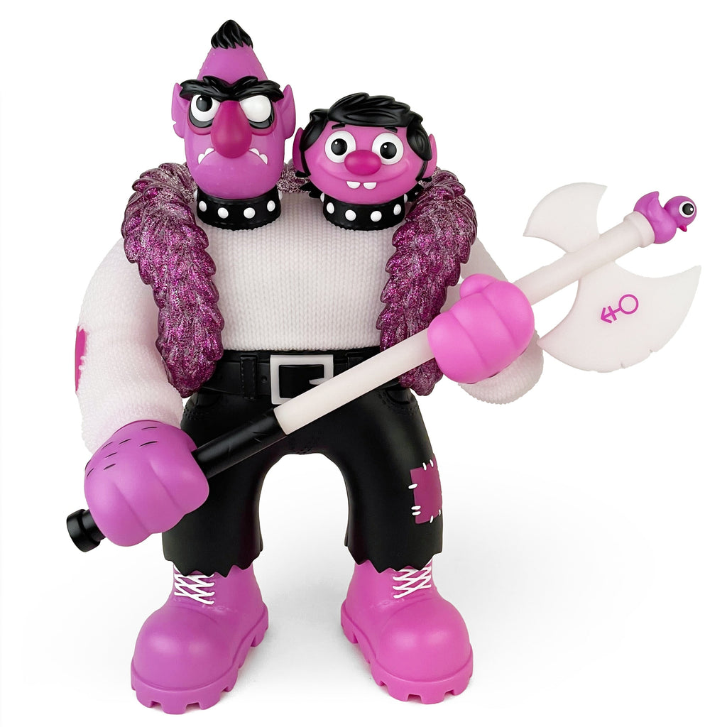 Bernie — Purple Reign Rotofugi Exclusive by UFO Toys is a sofubi collectible featuring a two-headed cartoon figure with purple and pink details, holding a double-bladed axe, dressed in a textured vest, black pants, and boots—a must for collectors.