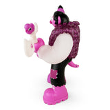 Bernie — Purple Reign Rotofugi Exclusive by UFO Toys: a pink and white sofubi figure with a shaggy purple vest and big boots, holding a small pink-and-white bird-like figure, shown from the side.