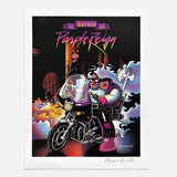 Illustration of two purple characters on a motorcycle at night with “Bernie — Purple Reign Rotofugi Exclusive” by UFO Toys, featuring colorful smoke and glow-in-the-dark sofubi effects.