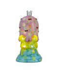 A vibrant Biwaco Chan figurine from How2Work, designed by Japanese ceramic artist Aico Tsumori, features a silver crown, heart and star motifs, red bows, and an eye-catching blend of pink, yellow, green, and blue hues—offering beautifully detailed craftsmanship when admired from behind.