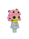 Cotton Candy by How2Work is a charming doll figure inspired by the character Jessica Ng, featuring pink hair with black dots, a small crown, pastel blue dress with yellow collar, white tights, and holding a wand—an adorable addition to any collection, photographed against a white background.