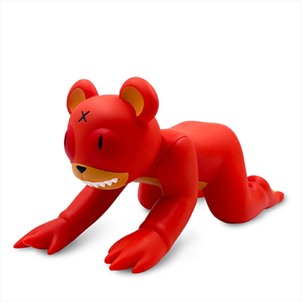 The Jermaine Rogers Creeping Dero — Original is a red bear-like vinyl collectible crouched on all fours with an X eye, inspired by the Creeping Dero and displayed against a white background.