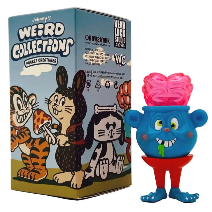 A blue toy with an exposed pink brain stands beside a colorful