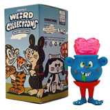 A blue toy with an exposed pink brain stands beside a colorful