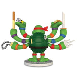 The Kidrobot Teenage Mutant Ninja Turtles TMNT GURU Resin Figure by CHOGRIN features a green six-armed turtle with ninja weapons and pizza, wearing a red mask, standing on a circular base—a must-have collectible for TMNT fans.