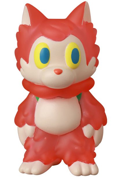 Ookamikun — VAG 10th Anniversary by Medicom is a red and cream cat figurine with large yellow and blue eyes and a thick red collar, inspired by Japanese vinyl toys and reminiscent of collectible Vinyl Artist Gacha figures.