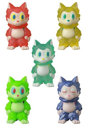 Five Ookamikun — VAG 10th Anniversary figures by Medicom, in red, yellow, green, teal, and blue with white bellies, are arranged in a V shape on a white background, evoking collectible Vinyl Artist Gacha gachapon toys.