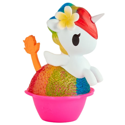 A vibrant unicorn toy from the tokidoki Shaved Ice Dreams Unicorno Blind Box collection features a white body, red mane, orange tail, and a small white horn. Adorned with a flower on its head, this adorable collectible sits atop a rainbow ball in a pink cup.