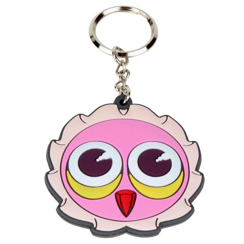 The Omen Shibuya Keychain by Coarse features a playful pink owl face with bold yellow-white eyes and a red beak, attached to a sturdy metal ring—a fun accessory inspired by Shibuya street style.