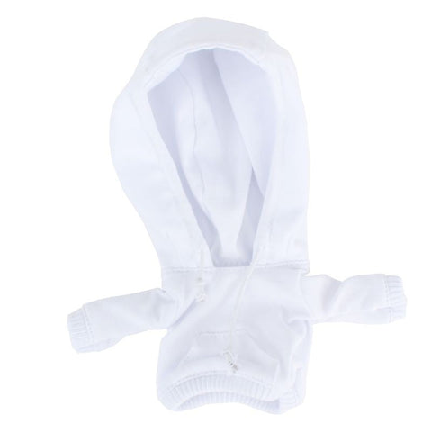 The Playge White Hoodie for 6" Squadt features long sleeves, ribbed cuffs, and drawstrings. Laid flat on a white background, it's a classic piece perfect for customizing with your favorite fabric dyes.
