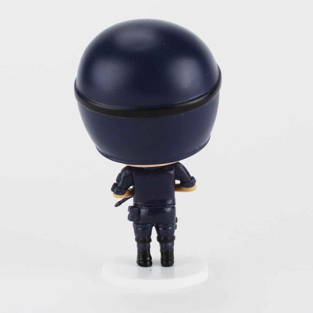 A small figurine of Swat Team Officer Xu in a navy uniform and helmet, shown from the back on a white base—a charming ExWorks/SII Best Happy Police Friends collectible by DG Zhou.