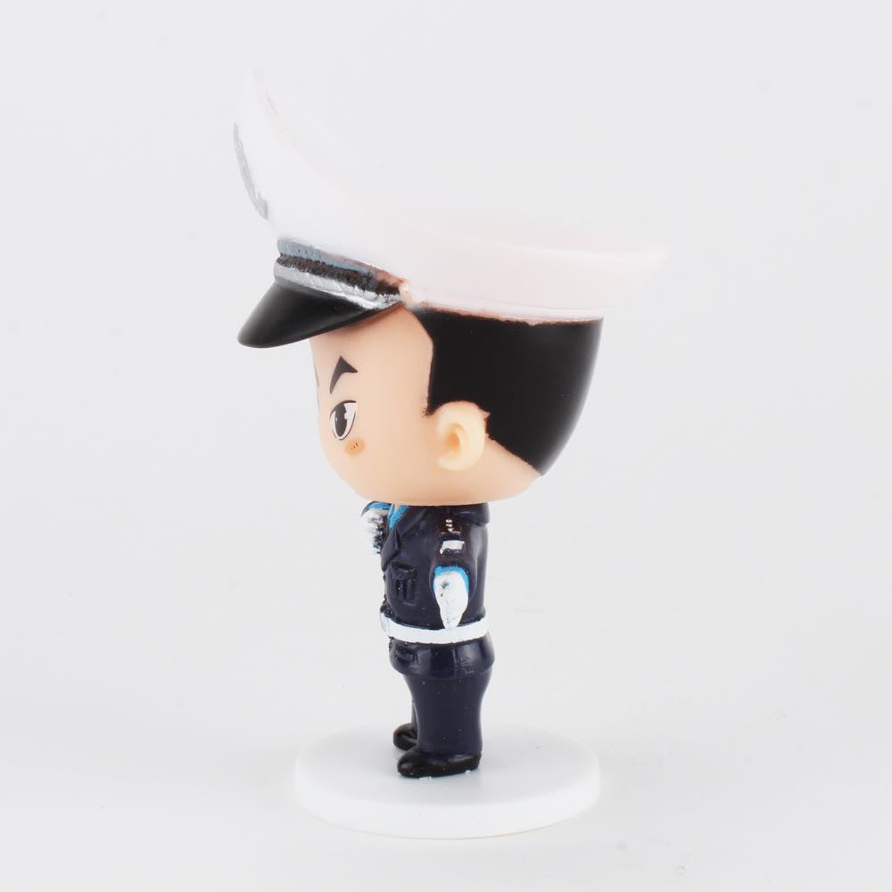 Side view of ExWorks/SII Best Happy Police Friends - Traffic Cop Huang figurine in a dark uniform and white hat, standing on a round white base—ideal for designer collectible toy fans.