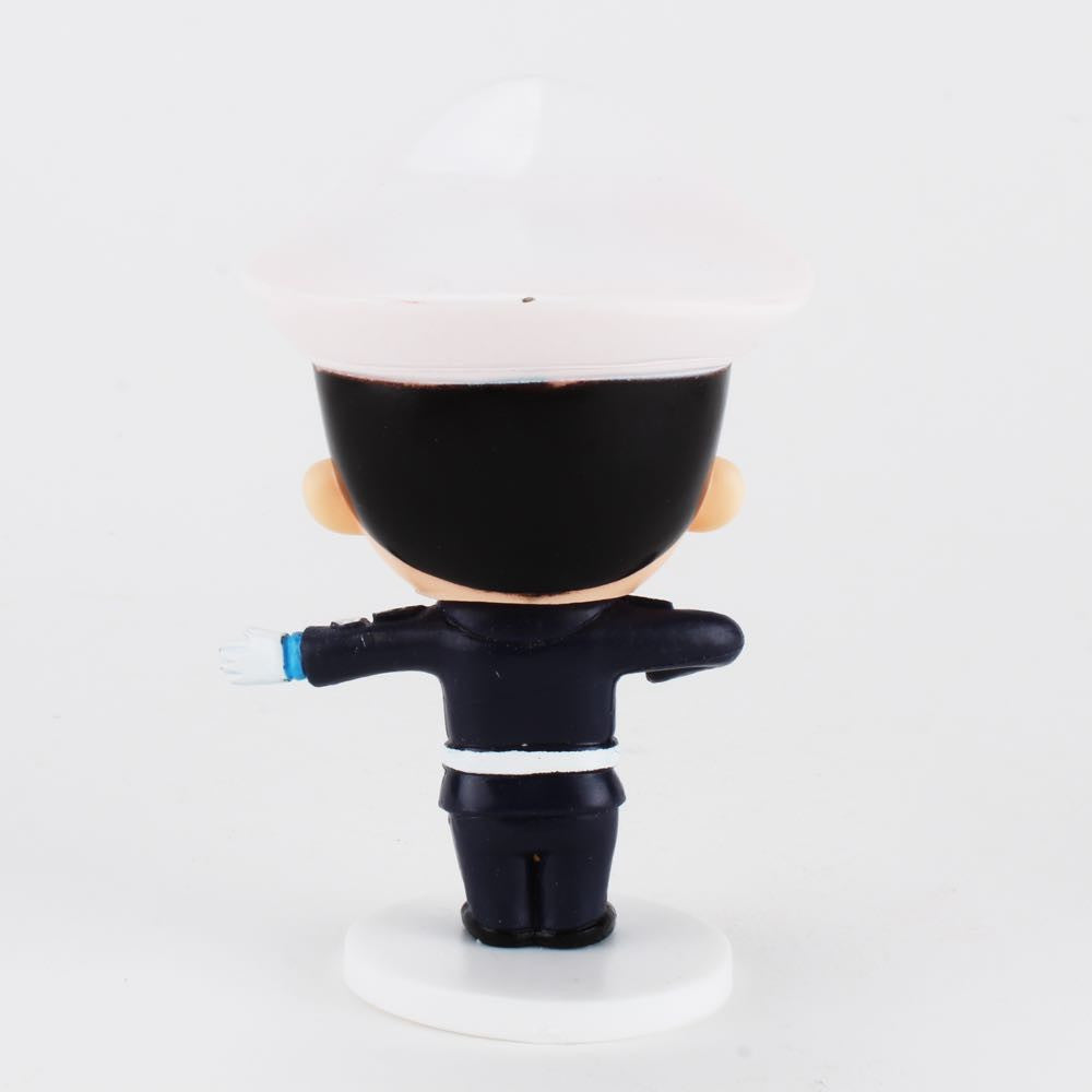 Best Happy Police Friends - Traffic Cop Huang by ExWorks/SII is a collectible figurine featuring a police officer in a navy uniform and white hat, shown from the back on a round base—a unique piece for any designer toy collection.
