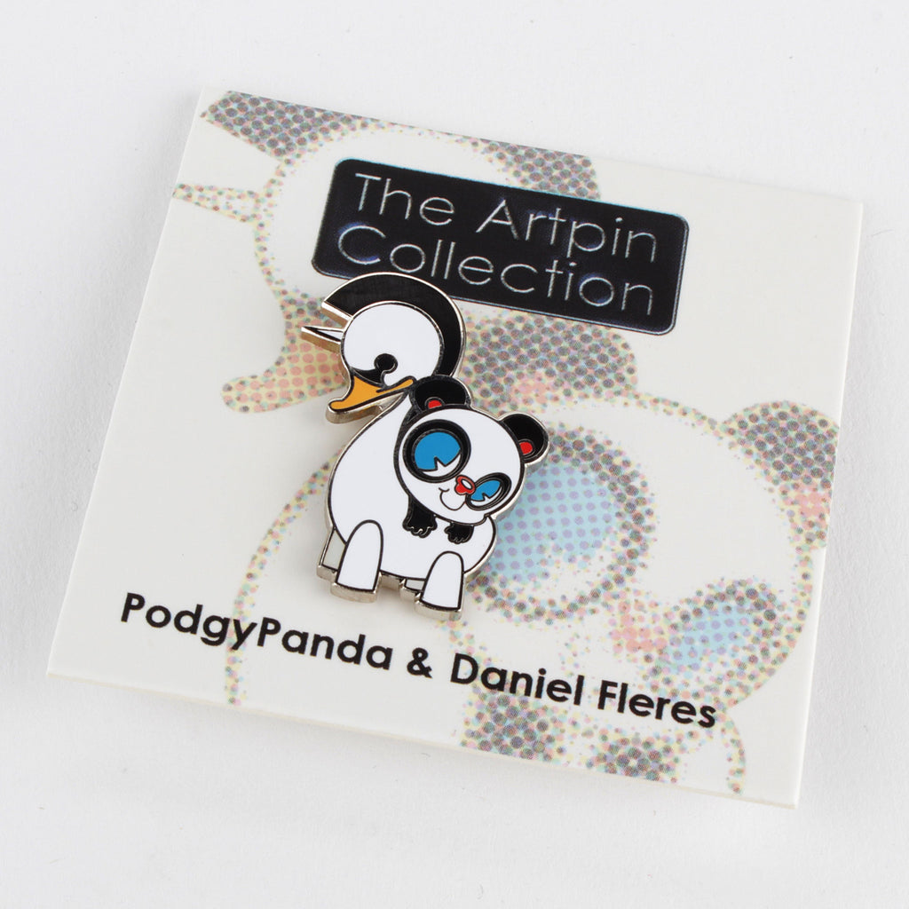 Limited edition enamel pin featuring Swanicorn & Panda, on a backing card labeled