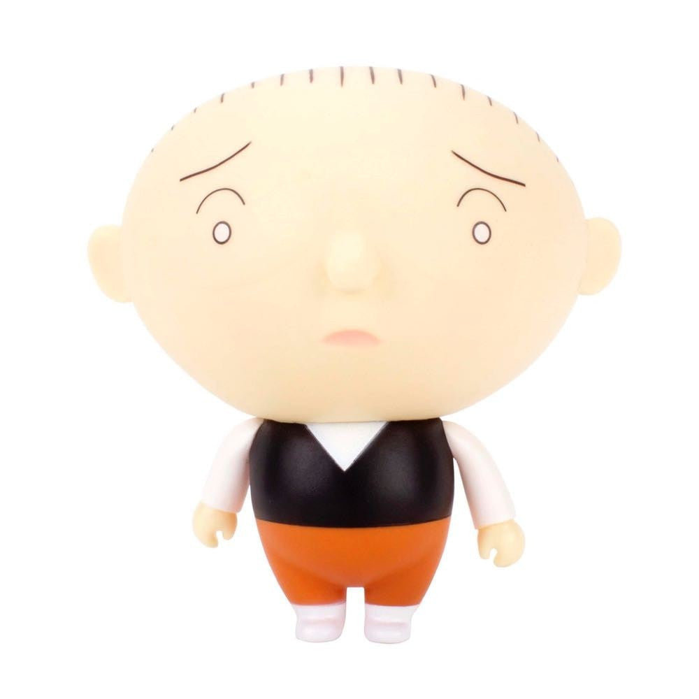 The Jimmy Corrigan Vital Animus Vinyl Doll by Presspop features the cartoon character with a large round head, sparse hair, worried expression, black vest, white shirt, and orange pants.